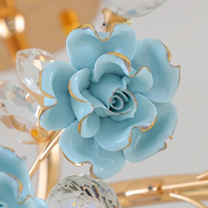Traditional French Rose Branch Round Crystal Ceramic Iron 9-Lights Chandelier For Living Room