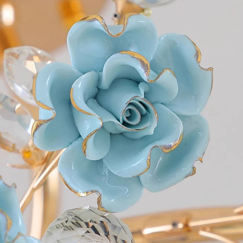 Traditional French Rose Branch Round Crystal Ceramic Iron 9-Lights Chandelier For Living Room