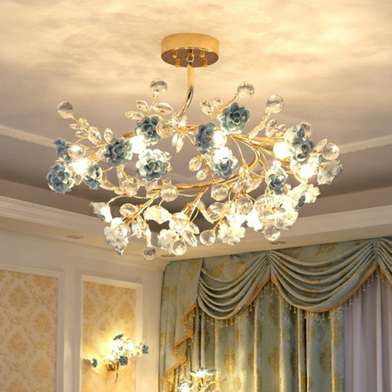 Traditional French Rose Branch Round Crystal Ceramic Iron 9-Lights Chandelier For Living Room