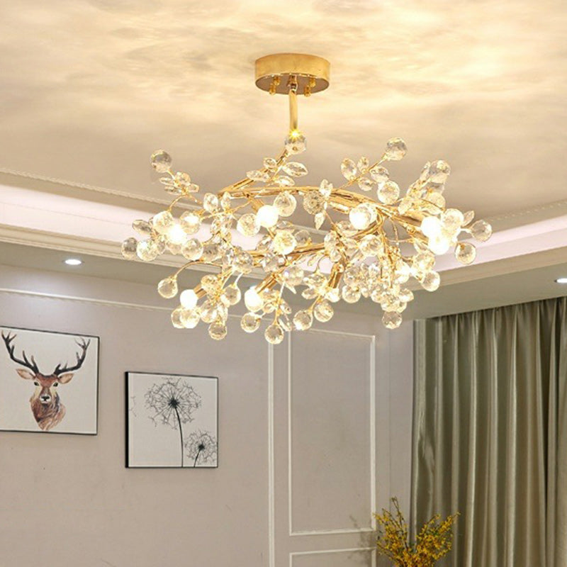 Traditional French Rose Branch Round Crystal Ceramic Iron 9-Lights Chandelier For Living Room