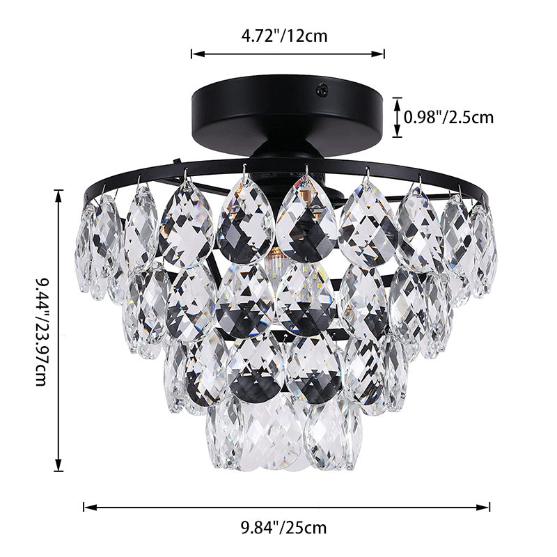 Contemporary Scandinavian Pendant Tapered Round Crystal Iron 1-Light Semi-Flush Mount Ceiling Light For Living Room