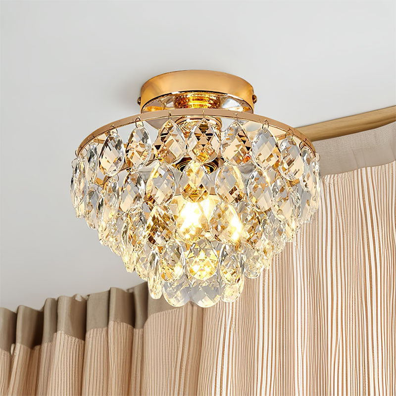 Contemporary Scandinavian Pendant Tapered Round Crystal Iron 1-Light Semi-Flush Mount Ceiling Light For Living Room