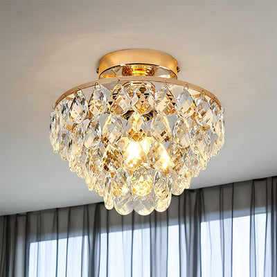 Contemporary Scandinavian Pendant Tapered Round Crystal Iron 1-Light Semi-Flush Mount Ceiling Light For Living Room