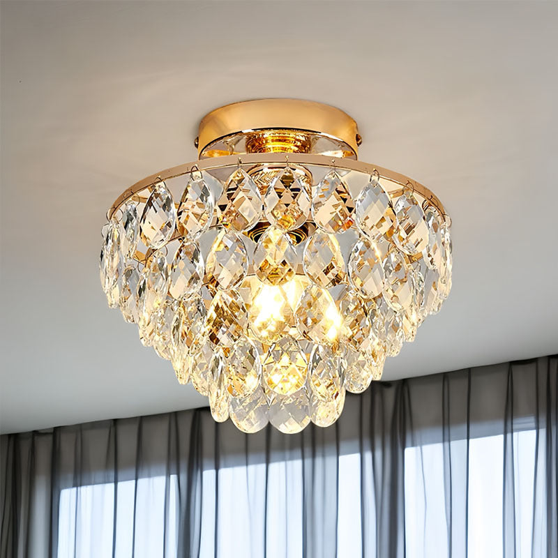 Contemporary Scandinavian Pendant Tapered Round Crystal Iron 1-Light Semi-Flush Mount Ceiling Light For Living Room