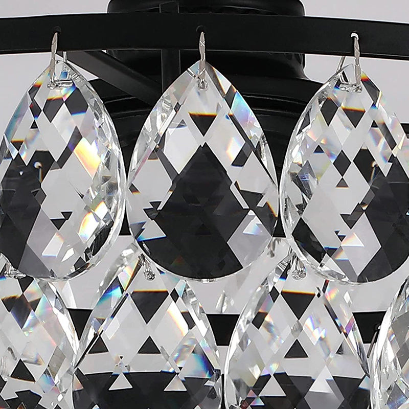 Contemporary Scandinavian Pendant Tapered Round Crystal Iron 1-Light Semi-Flush Mount Ceiling Light For Living Room