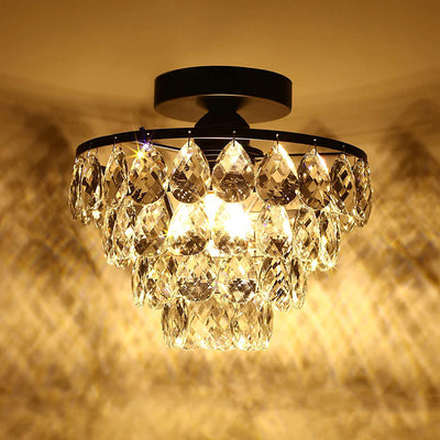 Contemporary Scandinavian Pendant Tapered Round Crystal Iron 1-Light Semi-Flush Mount Ceiling Light For Living Room