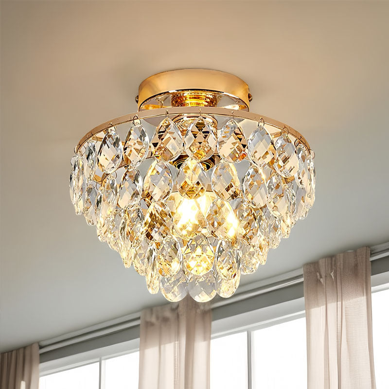 Contemporary Scandinavian Pendant Tapered Round Crystal Iron 1-Light Semi-Flush Mount Ceiling Light For Living Room