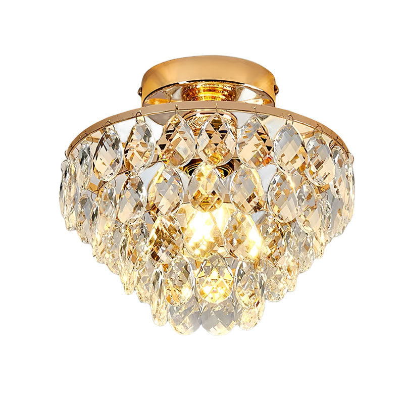 Contemporary Scandinavian Pendant Tapered Round Crystal Iron 1-Light Semi-Flush Mount Ceiling Light For Living Room