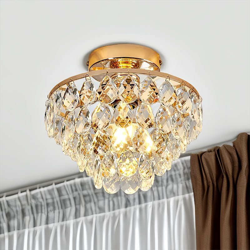 Contemporary Scandinavian Pendant Tapered Round Crystal Iron 1-Light Semi-Flush Mount Ceiling Light For Living Room