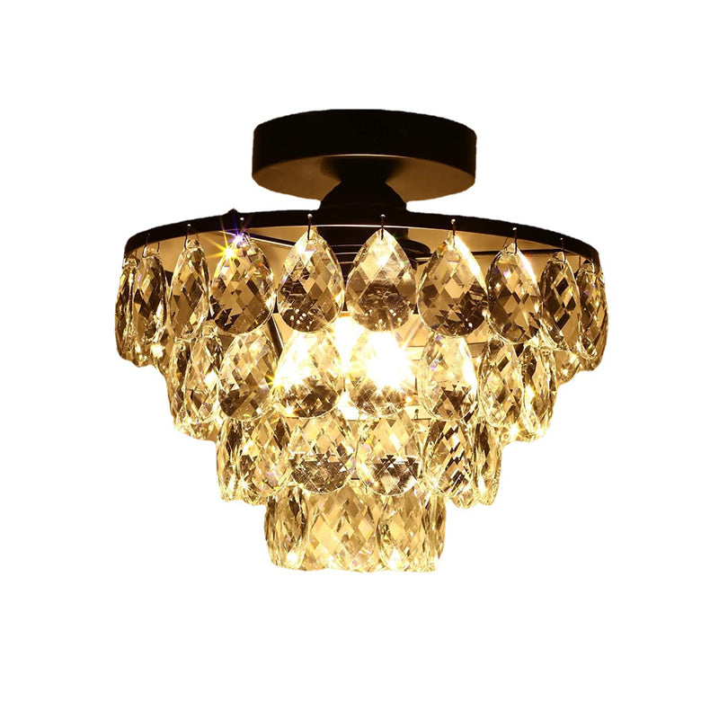 Contemporary Scandinavian Pendant Tapered Round Crystal Iron 1-Light Semi-Flush Mount Ceiling Light For Living Room