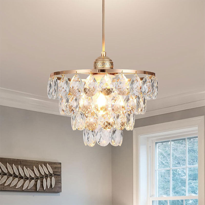 Contemporary Scandinavian Tapered Round Crystal Iron 1-Light Pendant Light For Living Room