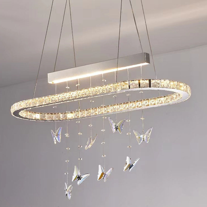 Modern Luxury Round Oval Long Butterfly Crystal Stainless Steel LED Island Light Chandelier For Dining Room