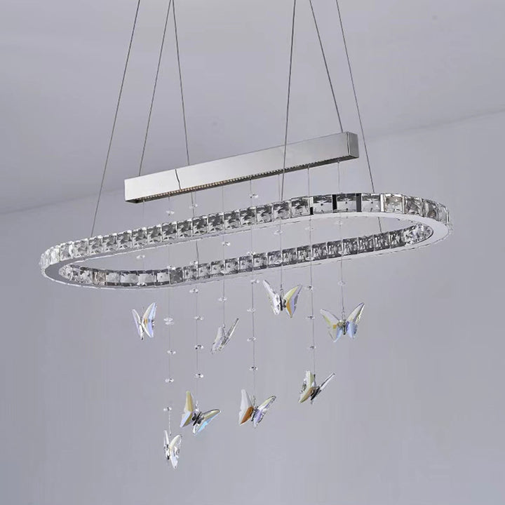 Modern Luxury Round Oval Long Butterfly Crystal Stainless Steel LED Island Light Chandelier For Dining Room