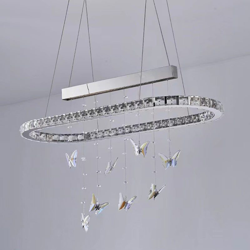 Modern Luxury Round Oval Long Butterfly Crystal Stainless Steel LED Island Light Chandelier For Dining Room