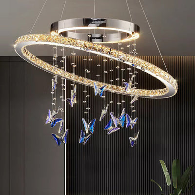 Modern Luxury Round Oval Long Butterfly Crystal Stainless Steel LED Island Light Chandelier For Dining Room