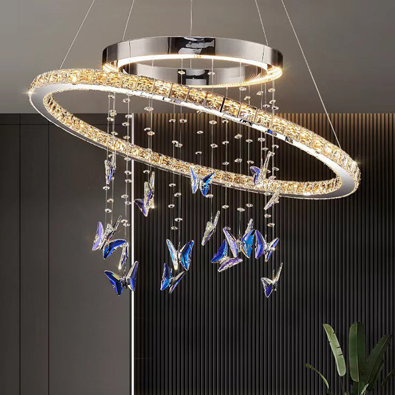 Modern Luxury Round Oval Long Butterfly Crystal Stainless Steel LED Island Light Chandelier For Dining Room