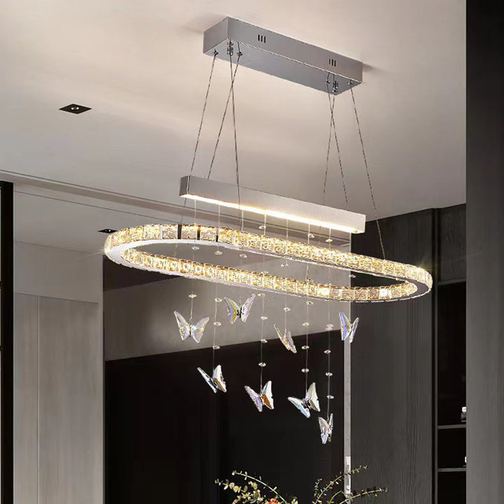 Moderne Luxus Runde Ovale Lange Schmetterling Kristall Edelstahl LED Insel Licht Kronleuchter Für Esszimmer 