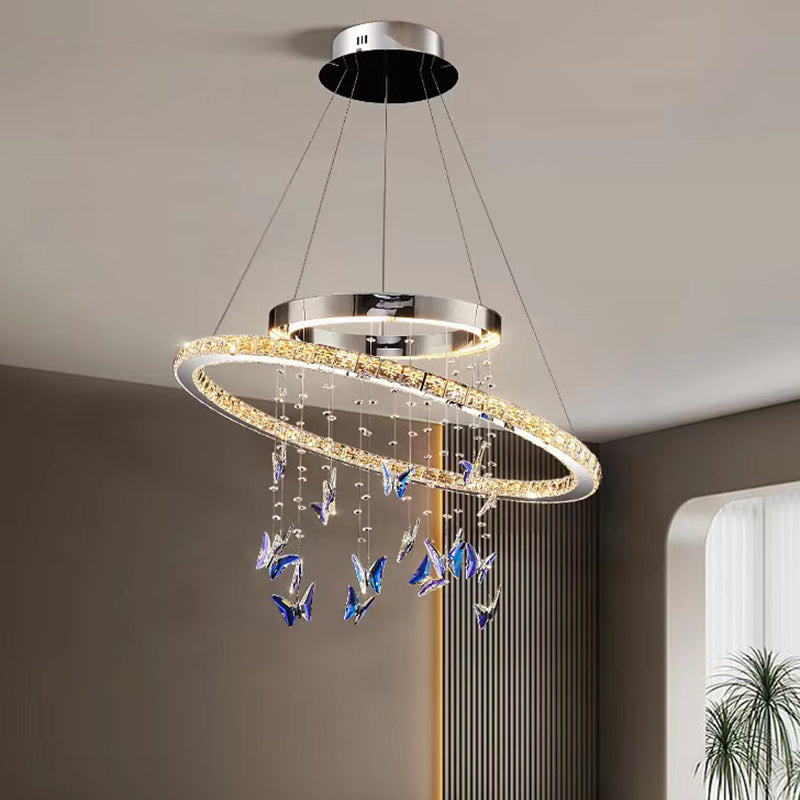 Modern Luxury Round Oval Long Butterfly Crystal Stainless Steel LED Island Light Chandelier For Dining Room