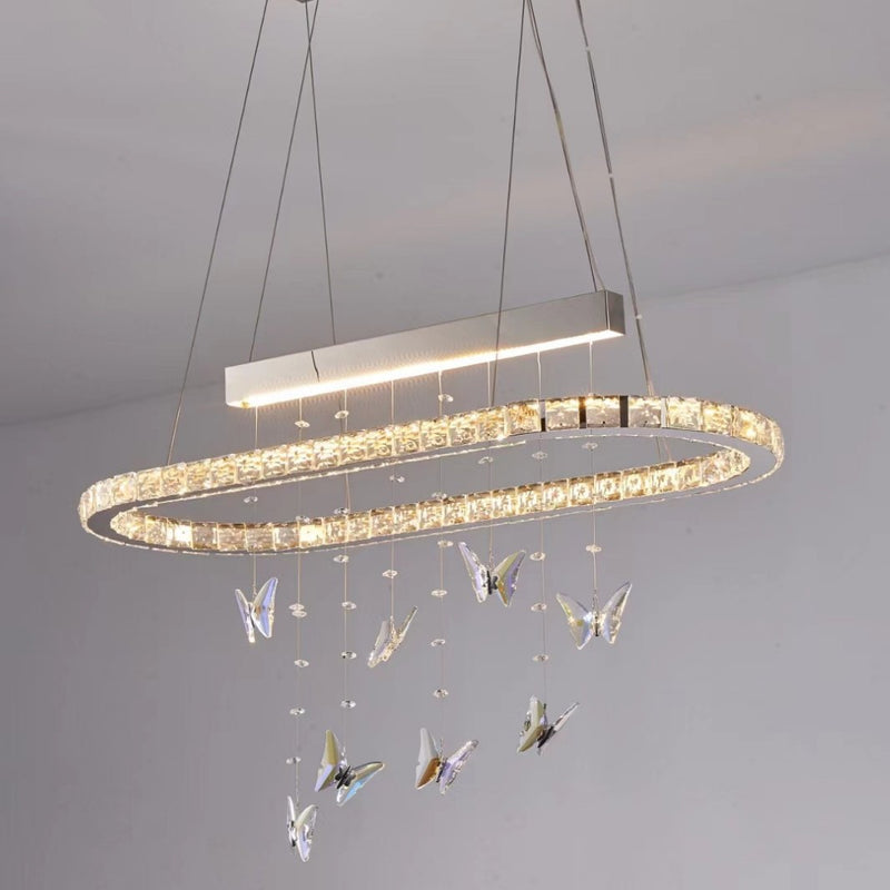 Modern Luxury Round Oval Long Butterfly Crystal Stainless Steel LED Island Light Chandelier For Dining Room