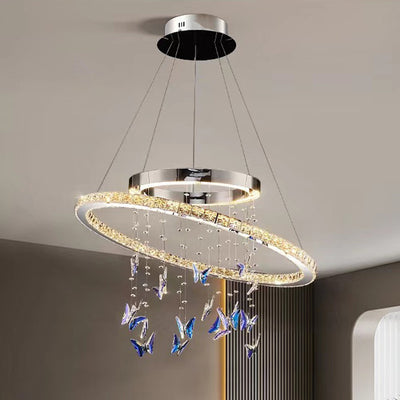 Modern Luxury Round Oval Long Butterfly Crystal Stainless Steel LED Island Light Chandelier For Dining Room