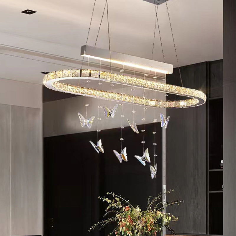 Modern Luxury Round Oval Long Butterfly Crystal Stainless Steel LED Island Light Chandelier For Dining Room