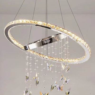 Modern Luxury Round Oval Long Butterfly Crystal Stainless Steel LED Island Light Chandelier For Dining Room