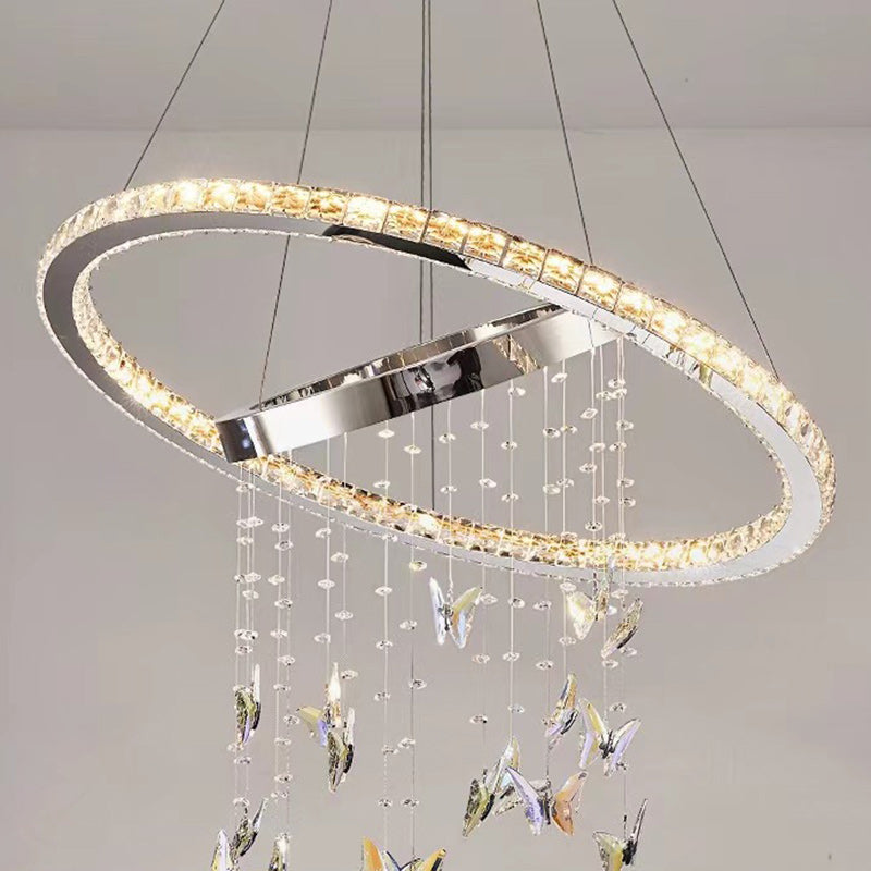 Modern Luxury Round Oval Long Butterfly Crystal Stainless Steel LED Island Light Chandelier For Dining Room