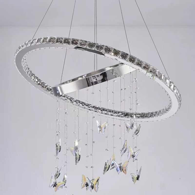 Modern Luxury Round Oval Long Butterfly Crystal Stainless Steel LED Island Light Chandelier For Dining Room
