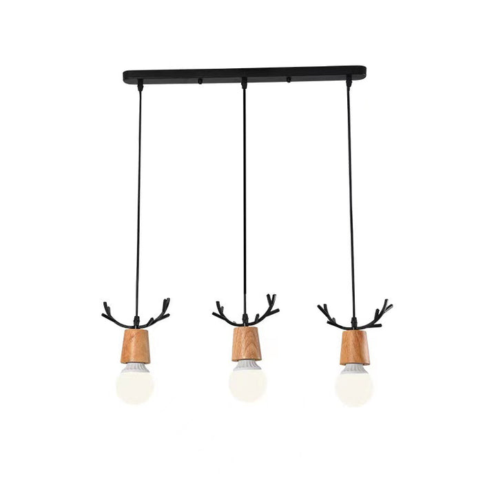Contemporary Scandinavian Antler Cylinder Long Round Wood Metal 3-Light Chandelier For Living Room