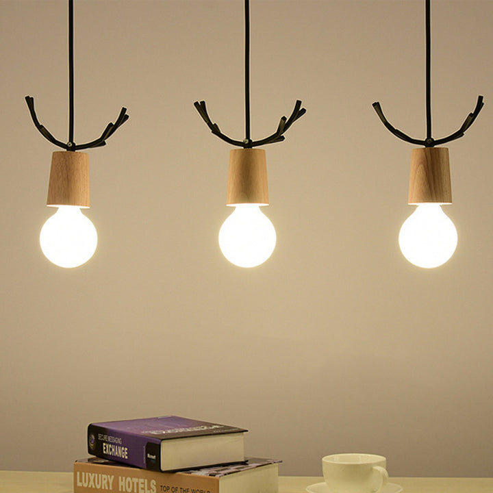 Contemporary Scandinavian Antler Cylinder Long Round Wood Metal 3-Light Chandelier For Living Room