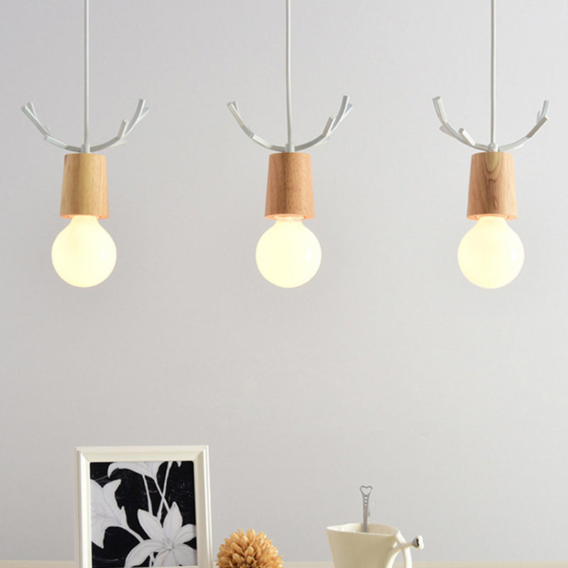 Contemporary Scandinavian Antler Cylinder Long Round Wood Metal 3-Light Chandelier For Living Room
