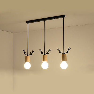 Contemporary Scandinavian Antler Cylinder Long Round Wood Metal 3-Light Chandelier For Living Room