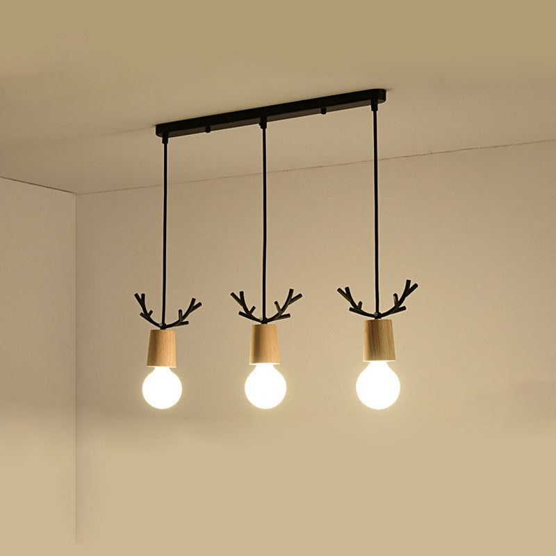 Contemporary Scandinavian Antler Cylinder Long Round Wood Metal 3-Light Chandelier For Living Room