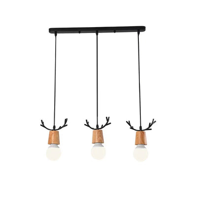 Contemporary Scandinavian Antler Cylinder Long Round Wood Metal 3-Light Chandelier For Living Room