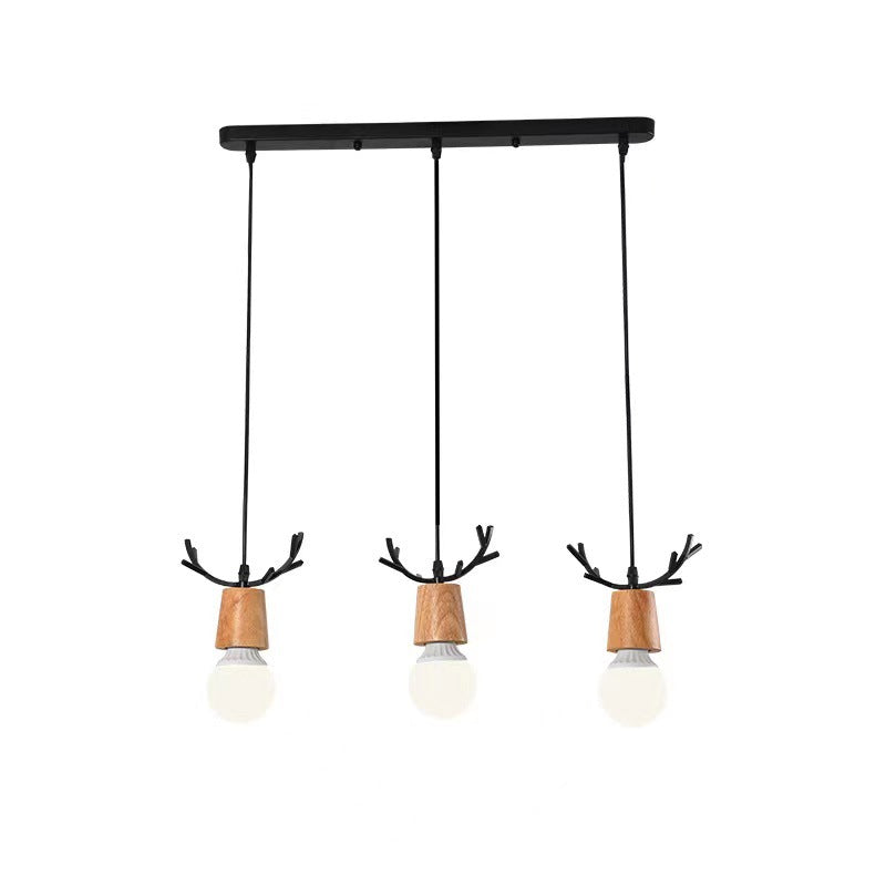 Contemporary Scandinavian Antler Cylinder Long Round Wood Metal 3-Light Chandelier For Living Room