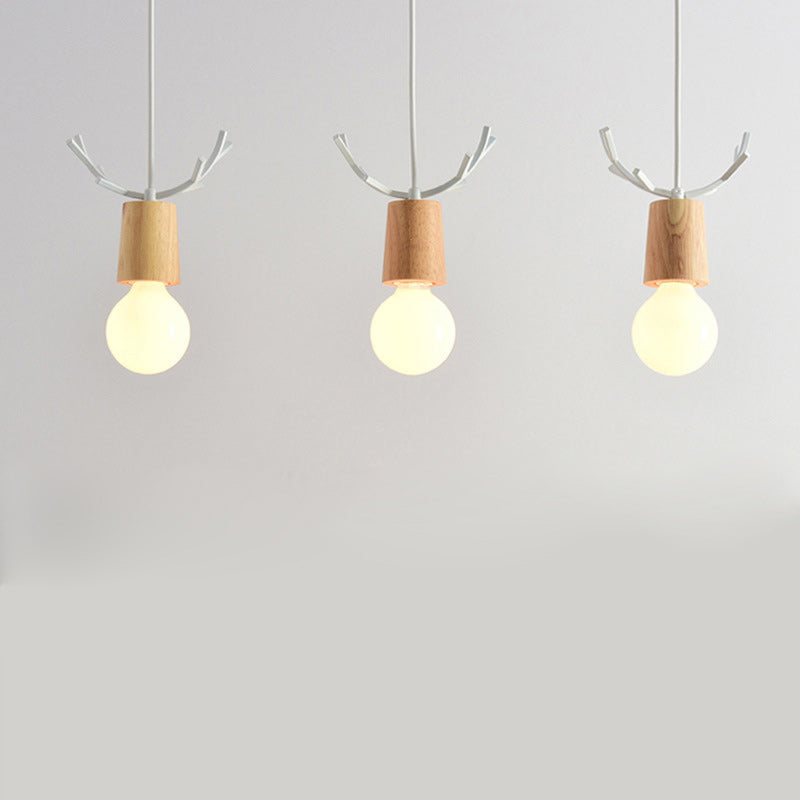 Contemporary Scandinavian Antler Cylinder Long Round Wood Metal 3-Light Chandelier For Living Room