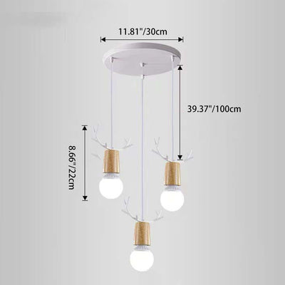 Contemporary Scandinavian Antler Cylinder Long Round Wood Metal 3-Light Chandelier For Living Room