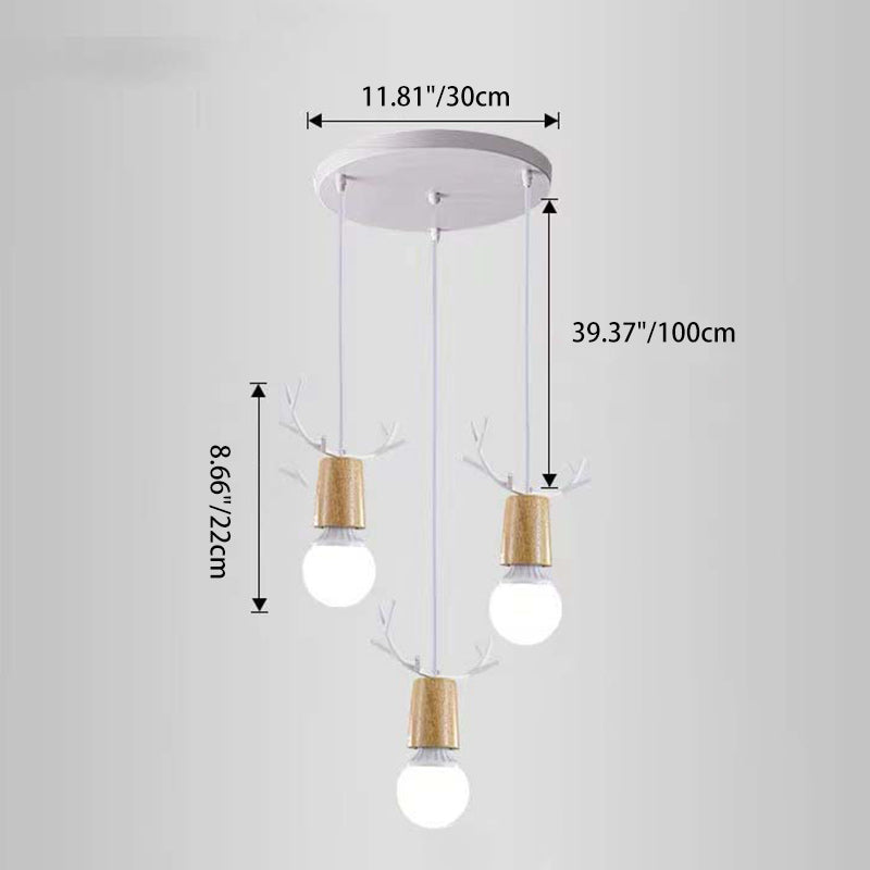 Contemporary Scandinavian Antler Cylinder Long Round Wood Metal 3-Light Chandelier For Living Room