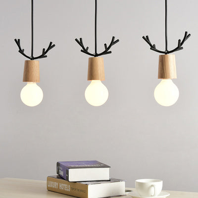 Contemporary Scandinavian Antler Cylinder Long Round Wood Metal 3-Light Chandelier For Living Room