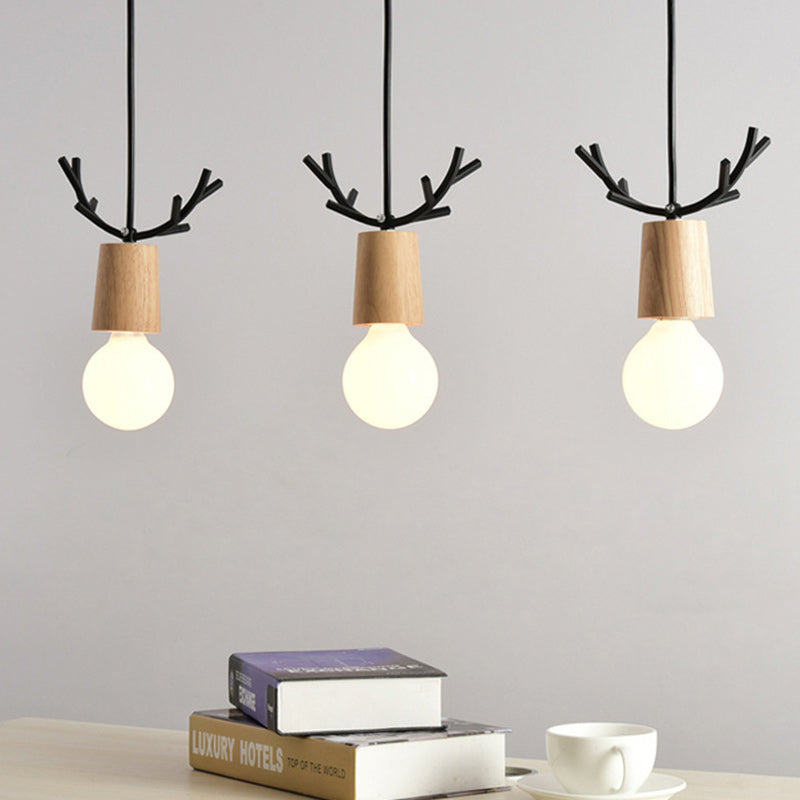 Contemporary Scandinavian Antler Cylinder Long Round Wood Metal 3-Light Chandelier For Living Room
