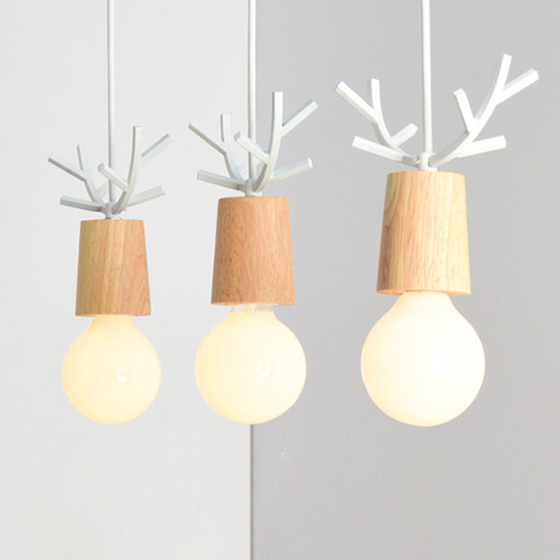 Contemporary Scandinavian Antler Cylinder Long Round Wood Metal 3-Light Chandelier For Living Room