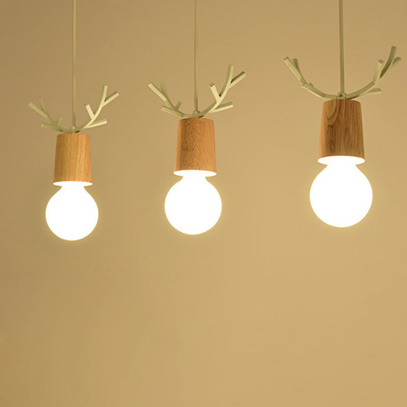 Contemporary Scandinavian Antler Cylinder Long Round Wood Metal 3-Light Chandelier For Living Room
