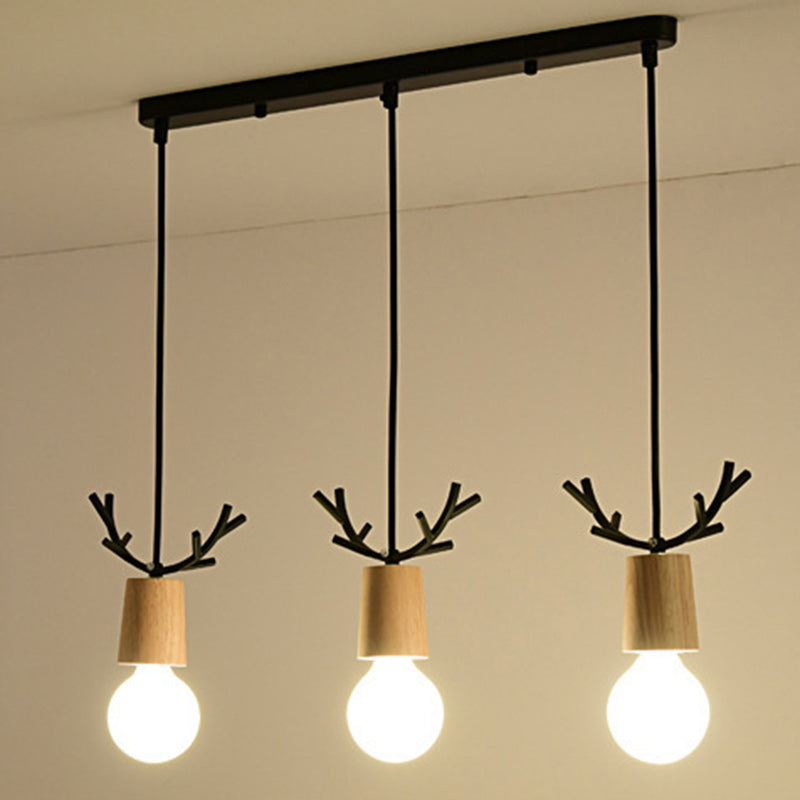 Contemporary Scandinavian Antler Cylinder Long Round Wood Metal 3-Light Chandelier For Living Room