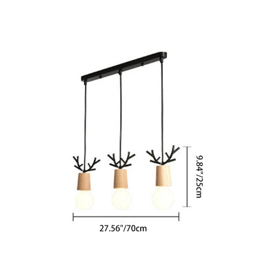 Contemporary Scandinavian Antler Cylinder Long Round Wood Metal 3-Light Chandelier For Living Room