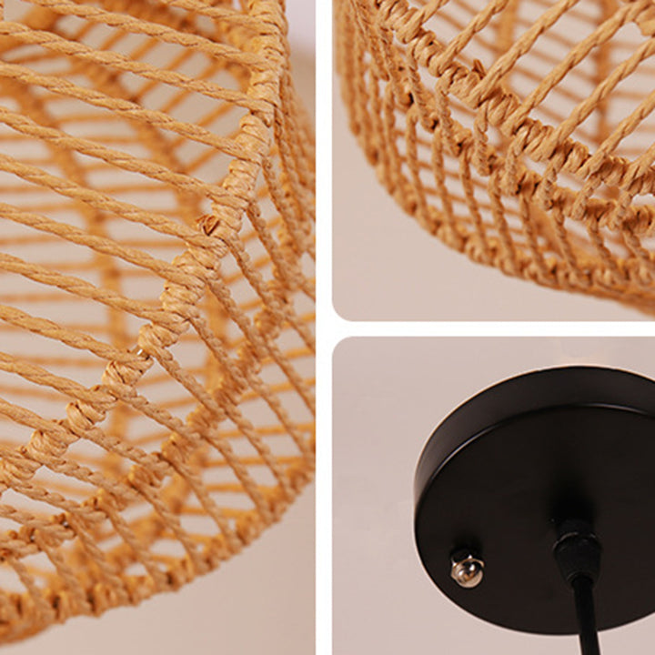 Traditional Vintage Lantern Round Hollowed Out Rattan Iron 1-Light Pendant Light For Living Room