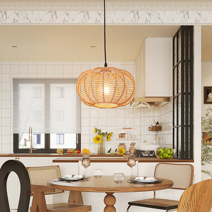 Traditional Vintage Lantern Round Hollowed Out Rattan Iron 1-Light Pendant Light For Living Room