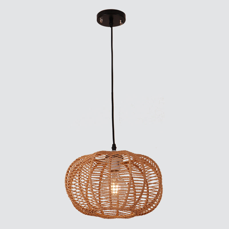 Traditional Vintage Lantern Round Hollowed Out Rattan Iron 1-Light Pendant Light For Living Room