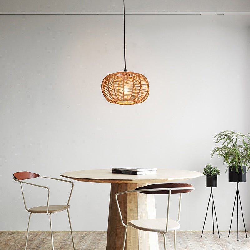 Traditional Vintage Lantern Round Hollowed Out Rattan Iron 1-Light Pendant Light For Living Room