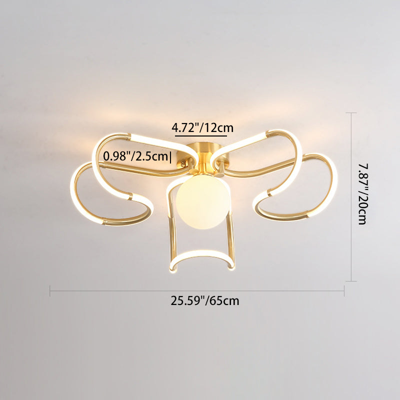 Contemporary Scandinavian Curved Line Round Acrylic Copper LED Semi-Flush Mount Ceiling Light For Living Room