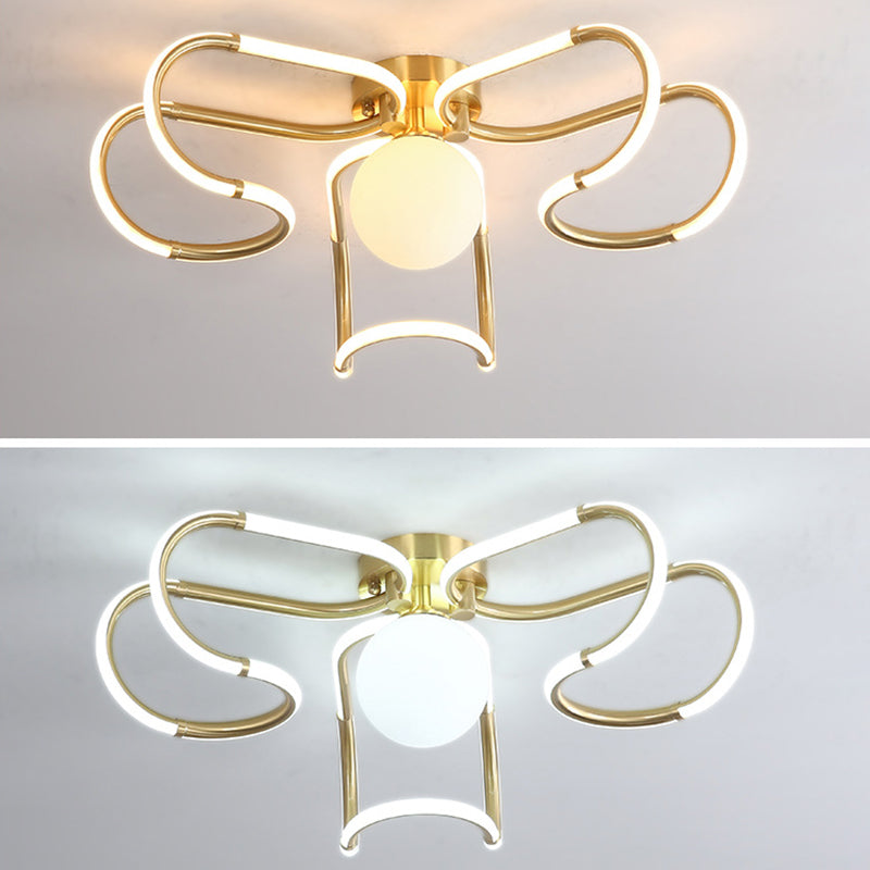 Contemporary Scandinavian Curved Line Round Acrylic Copper LED Semi-Flush Mount Ceiling Light For Living Room